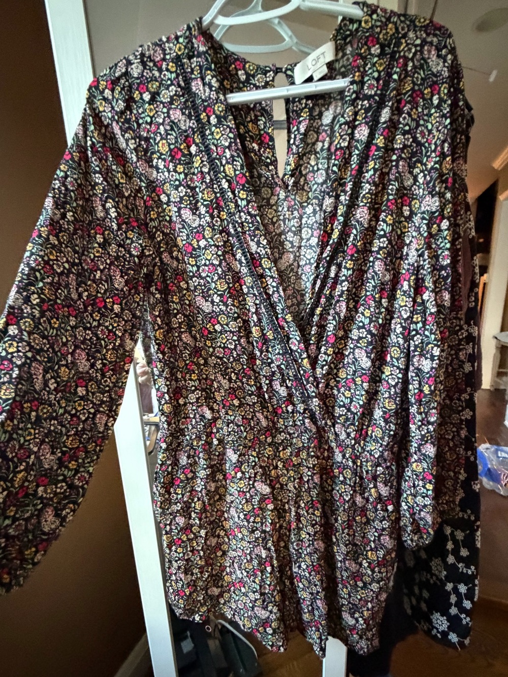 LOFT Black Floral Wrap Blouse with Pink & Yellow Accents, NWOT or like new, L